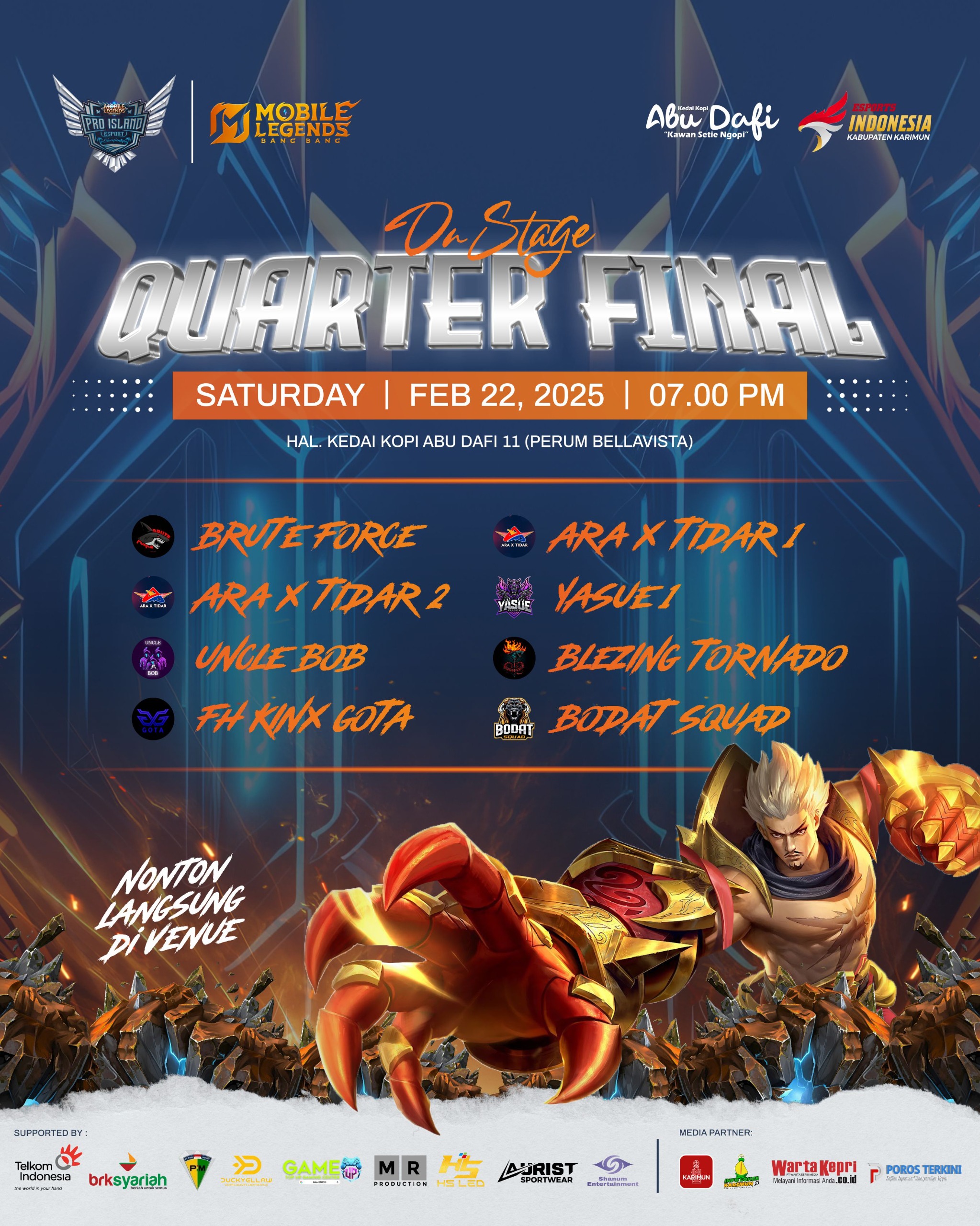 Delapan tim Mobile Legend Pro Island Esport Championship 2025 resmi melaju ke babak 8 besar (perempat final).