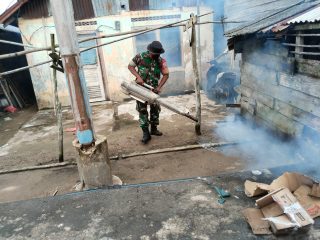 Babinsa Desa Sugie Koramil 02/Moro Kodim 0317/TBK, Serma M. Amin ikut mendampingi Puskesmas Niur Permai melaksanakan fogging (pengasapan)